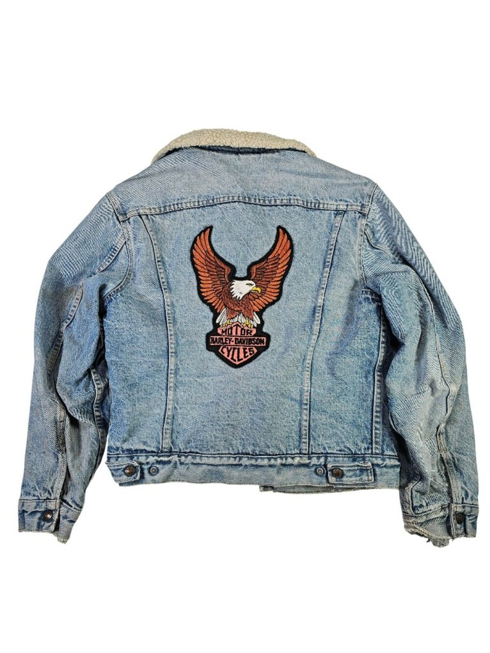 Levis Sherpa Denim Jacket w/ Harley-Davidson Eagle Patch Size 42 Light Blue Wash